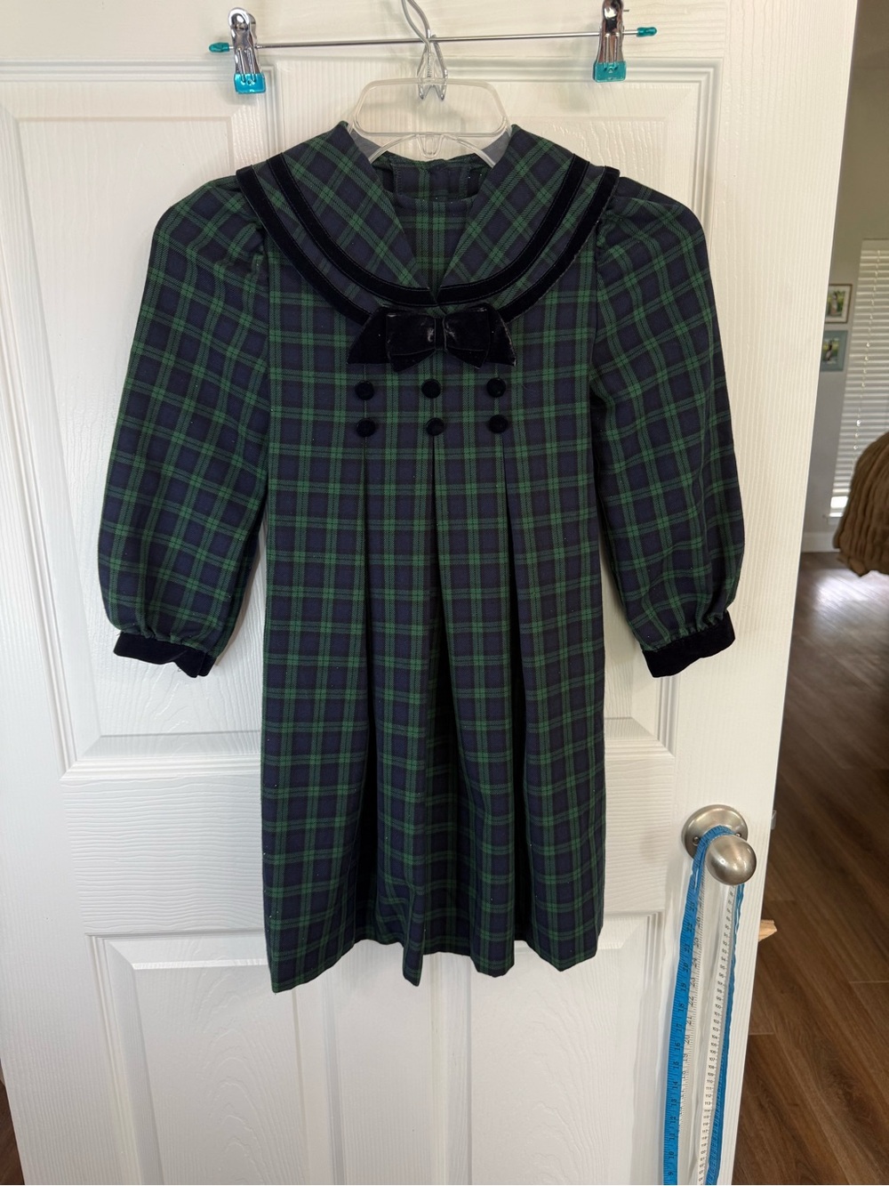 Vintage Jessica Ann Girls Size 6 Tartan Plaid Velvet Bow Sailor Dress navy green